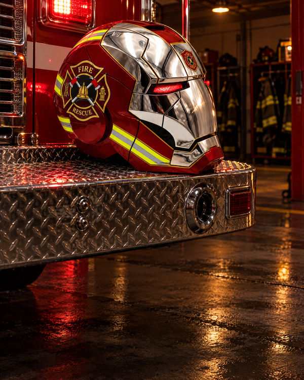 The Chief helmet on a fire engine bumper
