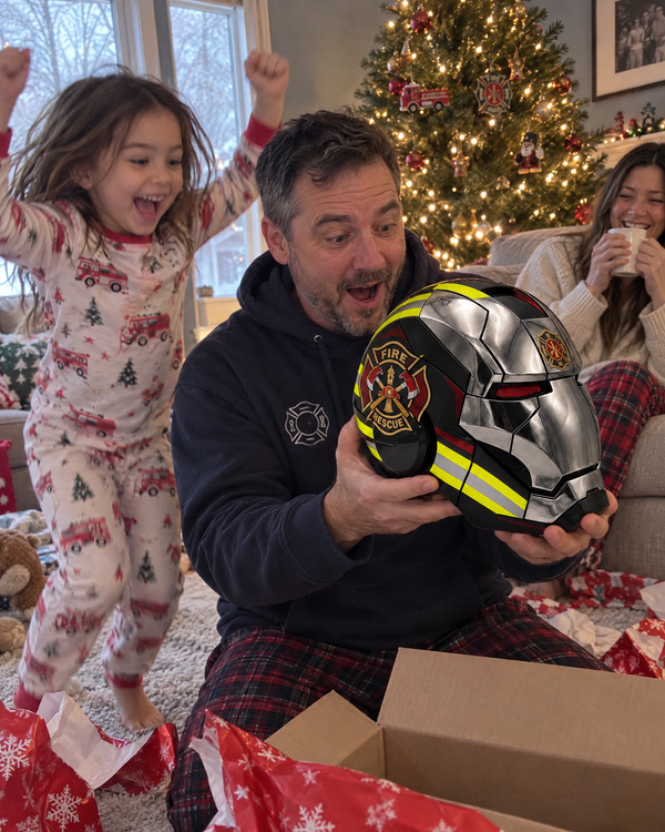 Dad unboxing The Chief helmet on Christmas morning