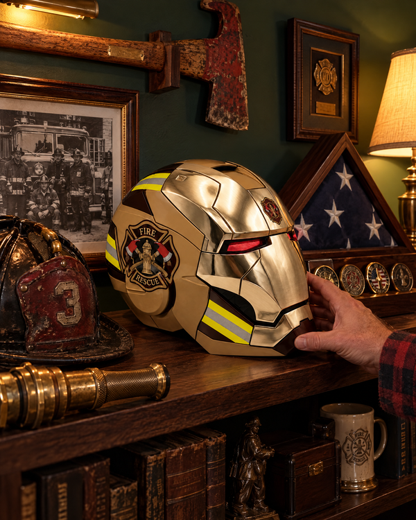 The Chief helmet in Turnout Gold on a den shelf