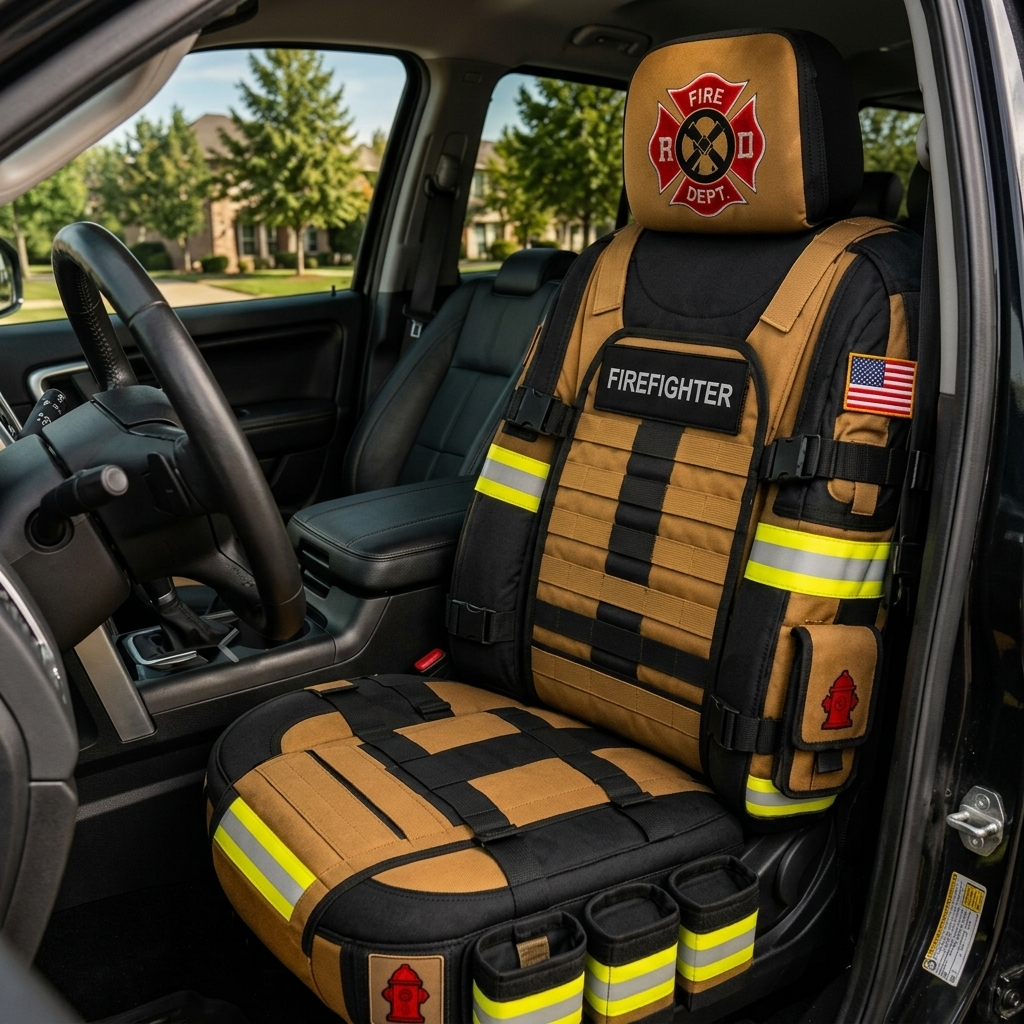 Firefighter tactical car seat cover - angled view