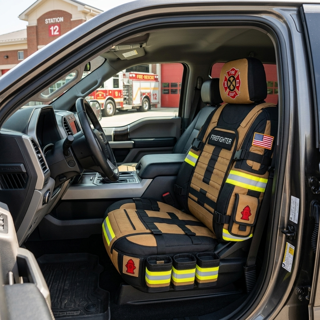 Firefighter seat cover installed in pickup truck at fire station