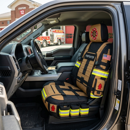 Firefighter seat cover installed in pickup truck at fire station