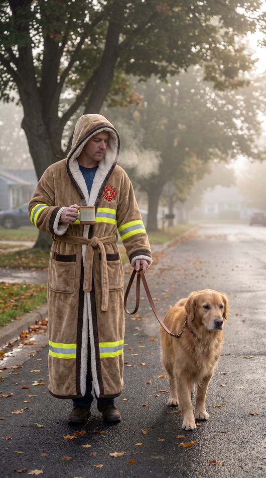 Man walking dog morning wearing tan Turnout Robe