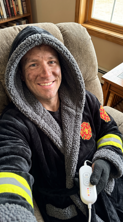 Selfie POV man in recliner wearing black Turnout Robe