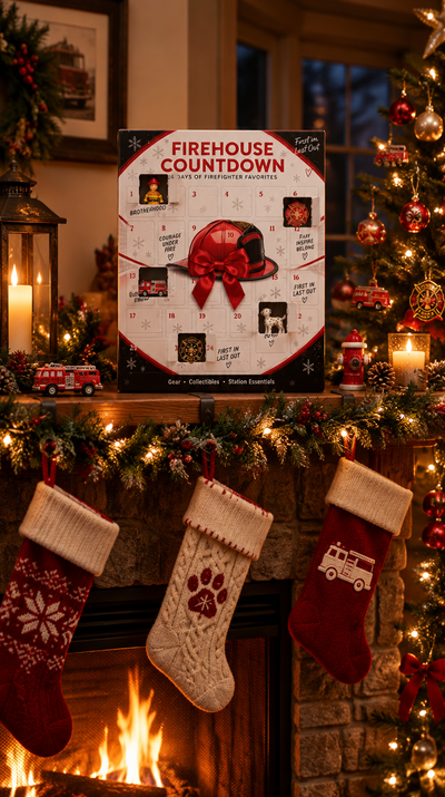 Firehouse Countdown on Christmas fireplace mantel