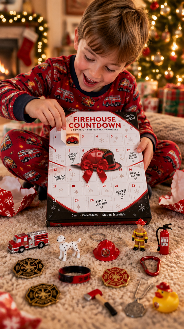 Child opening Firehouse Countdown on Christmas morning