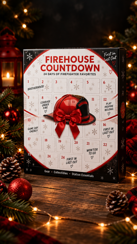 Firehouse Countdown box on rustic wood with Christmas decor